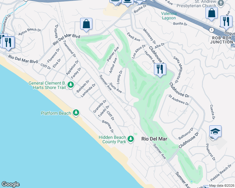map of restaurants, bars, coffee shops, grocery stores, and more near 514 Sumner Avenue in Aptos