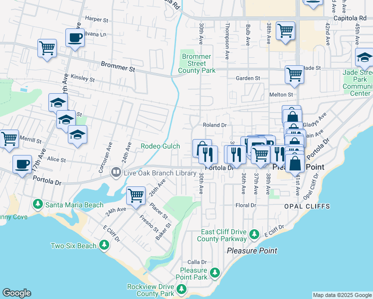 map of restaurants, bars, coffee shops, grocery stores, and more near 872 30th Avenue in Santa Cruz