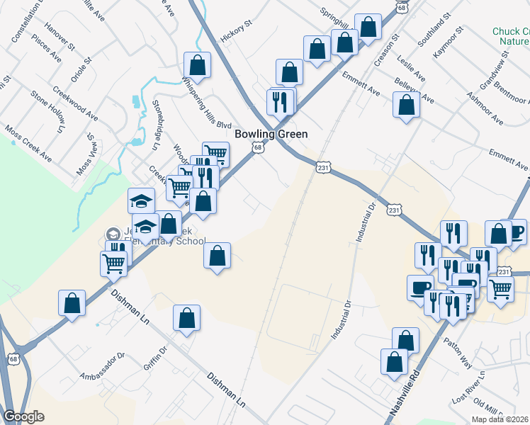 map of restaurants, bars, coffee shops, grocery stores, and more near 184 Enterprise Court in Bowling Green
