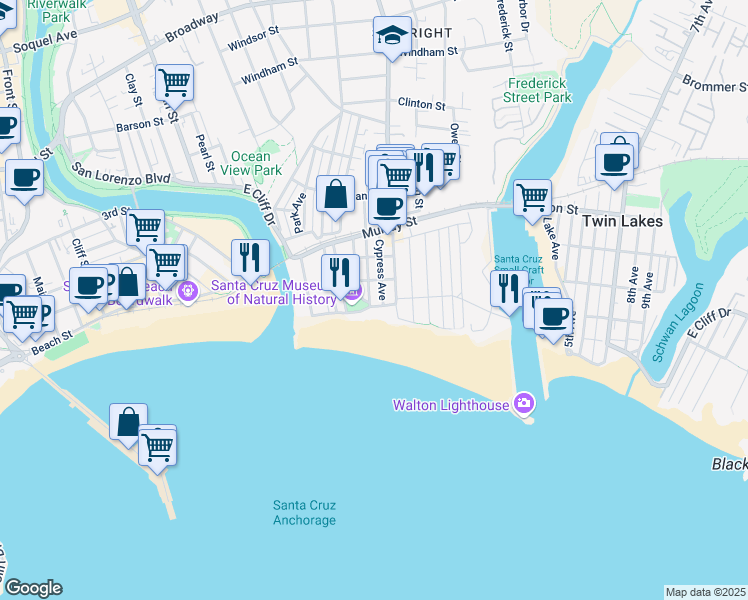 map of restaurants, bars, coffee shops, grocery stores, and more near 1431 East Cliff Drive in Santa Cruz