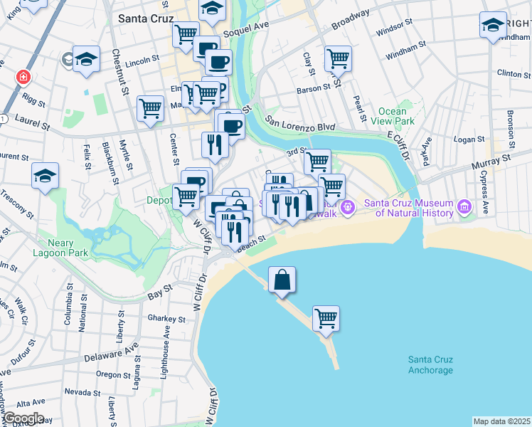 map of restaurants, bars, coffee shops, grocery stores, and more near 124 1st Street in Santa Cruz