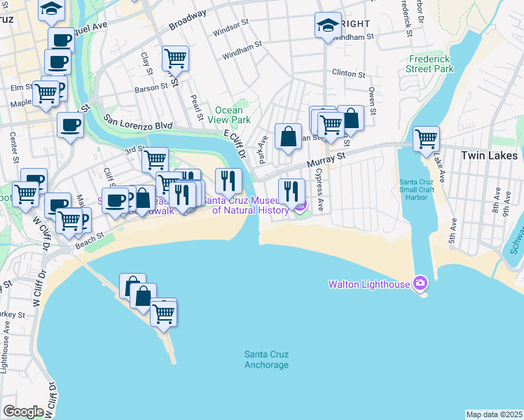 map of restaurants, bars, coffee shops, grocery stores, and more near 1154 East Cliff Drive in Santa Cruz