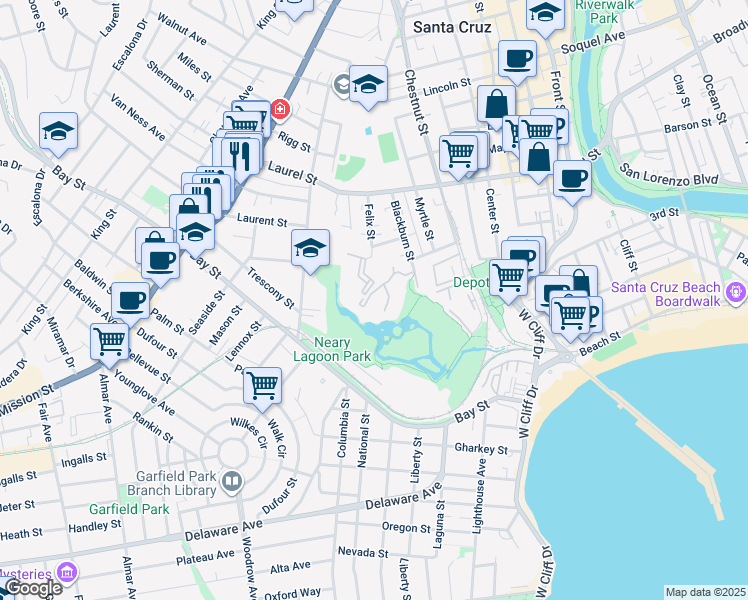 map of restaurants, bars, coffee shops, grocery stores, and more near 119 Shelter Lagoon Drive in Santa Cruz