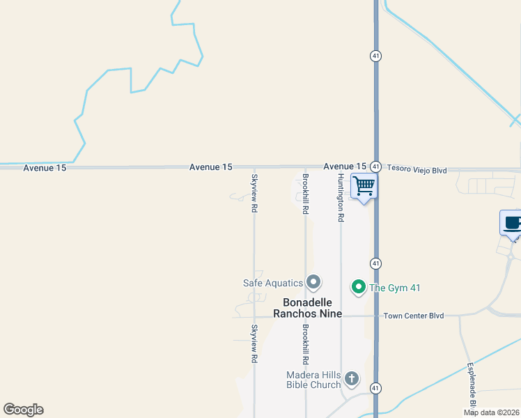 map of restaurants, bars, coffee shops, grocery stores, and more near 14757 Skyview Road in Madera