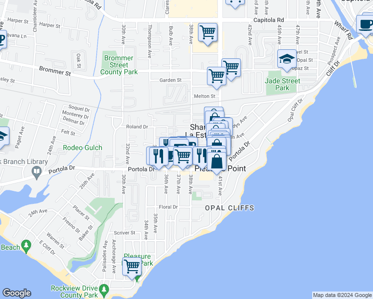 map of restaurants, bars, coffee shops, grocery stores, and more near 175 Avis Lane in Santa Cruz