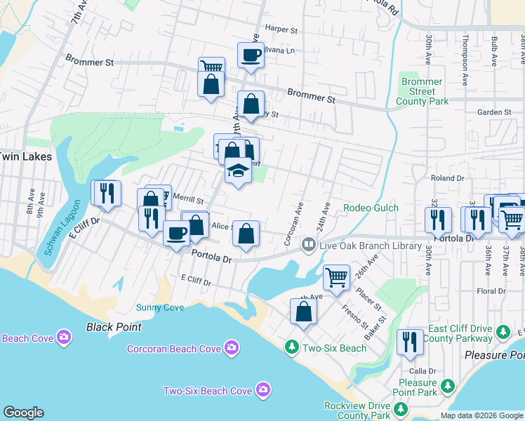 map of restaurants, bars, coffee shops, grocery stores, and more near 2115 Alice Street in Santa Cruz