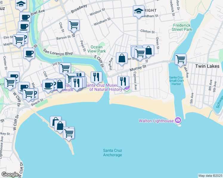 map of restaurants, bars, coffee shops, grocery stores, and more near 1154 East Cliff Drive in Santa Cruz