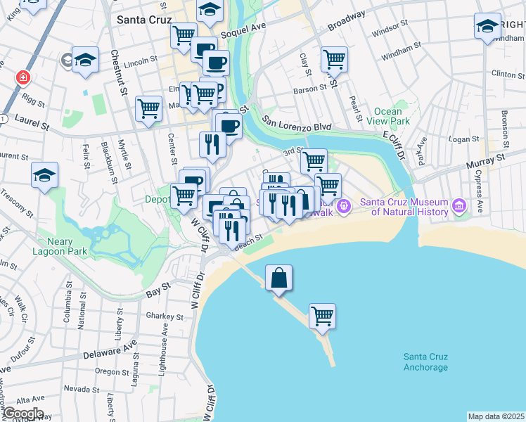 map of restaurants, bars, coffee shops, grocery stores, and more near 212 First Street in Santa Cruz