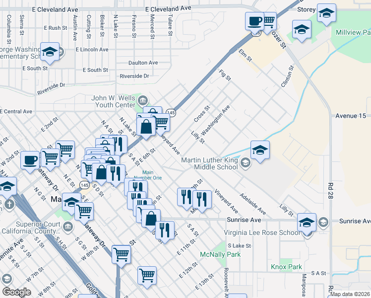 map of restaurants, bars, coffee shops, grocery stores, and more near 711 Washington Avenue in Madera