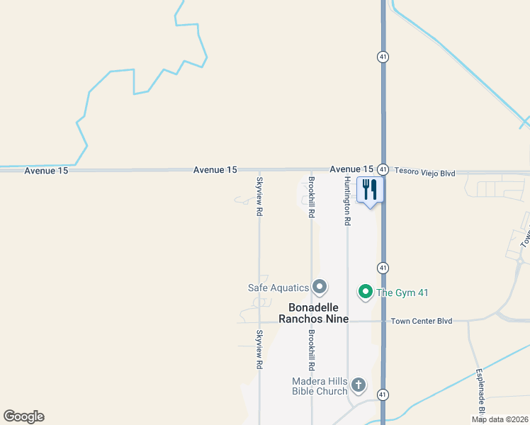 map of restaurants, bars, coffee shops, grocery stores, and more near 14757 Skyview Road in Madera