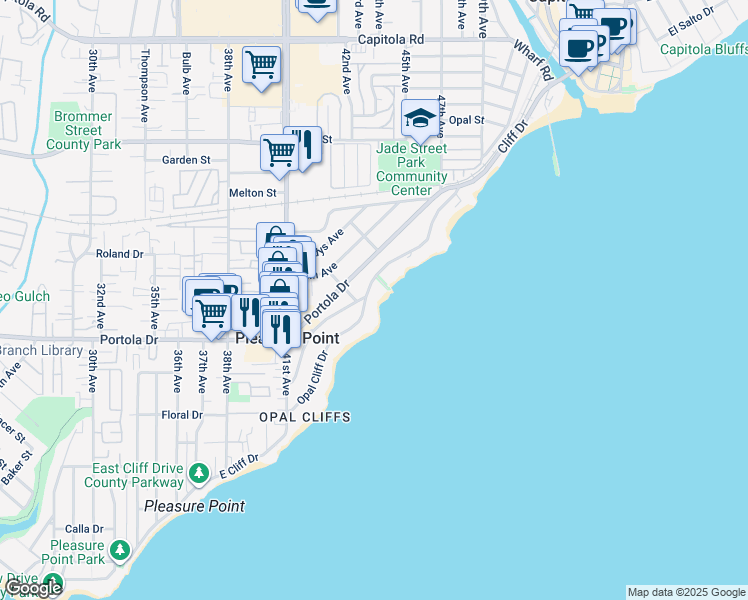 map of restaurants, bars, coffee shops, grocery stores, and more near 4460 Opal Cliff Drive in Santa Cruz