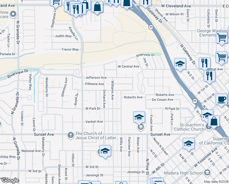 map of restaurants, bars, coffee shops, grocery stores, and more near 824 Willis Avenue in Madera