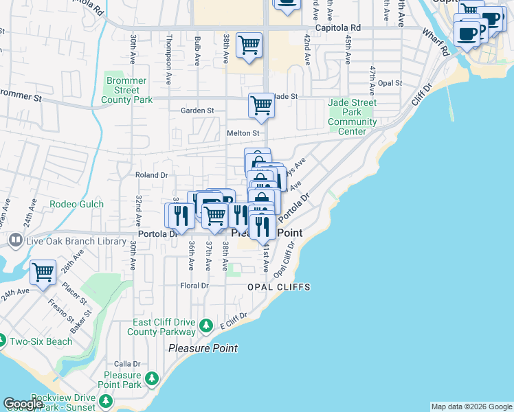 map of restaurants, bars, coffee shops, grocery stores, and more near 871 41st Avenue in Santa Cruz