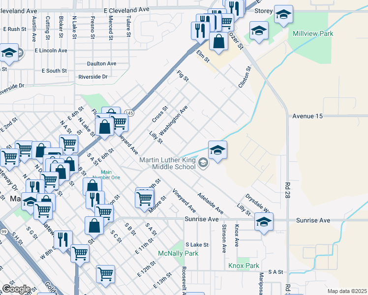 map of restaurants, bars, coffee shops, grocery stores, and more near 810 Clinton Street in Madera