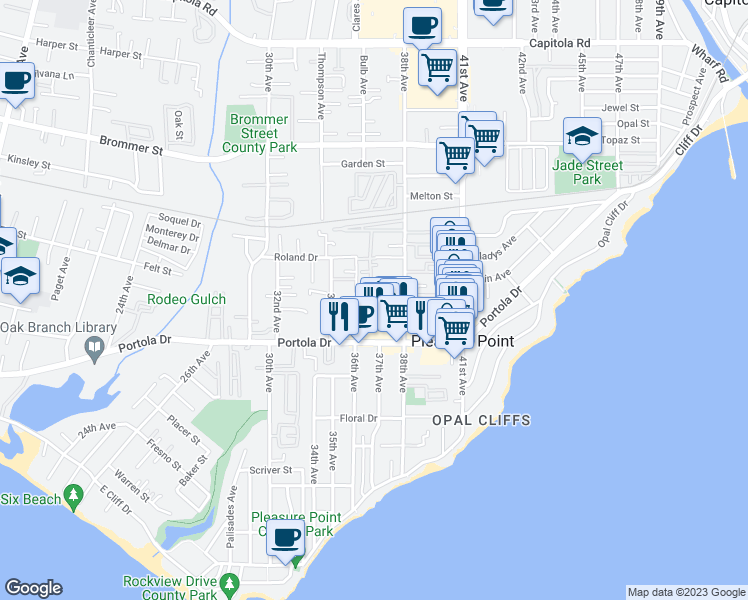 map of restaurants, bars, coffee shops, grocery stores, and more near 175 Avis Lane in Santa Cruz