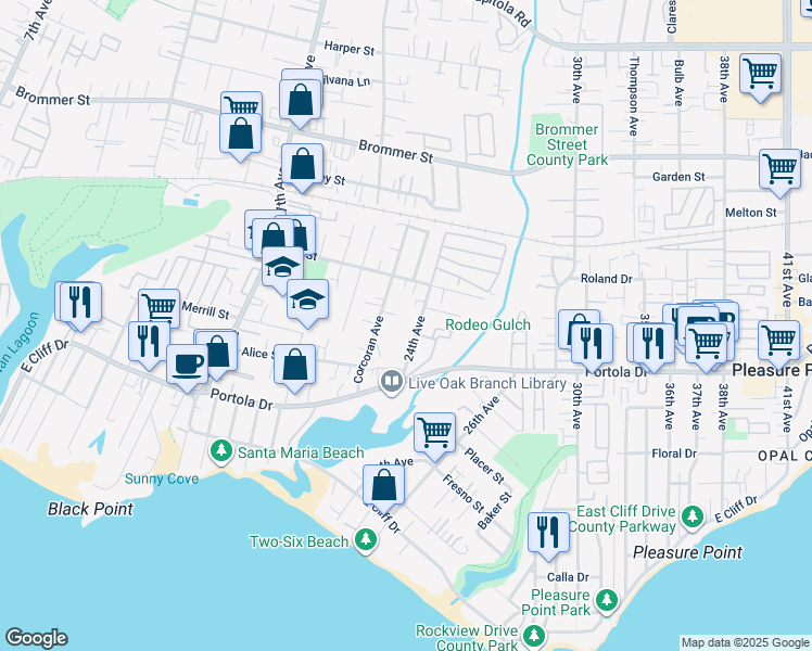 map of restaurants, bars, coffee shops, grocery stores, and more near 682 24th Avenue in Santa Cruz