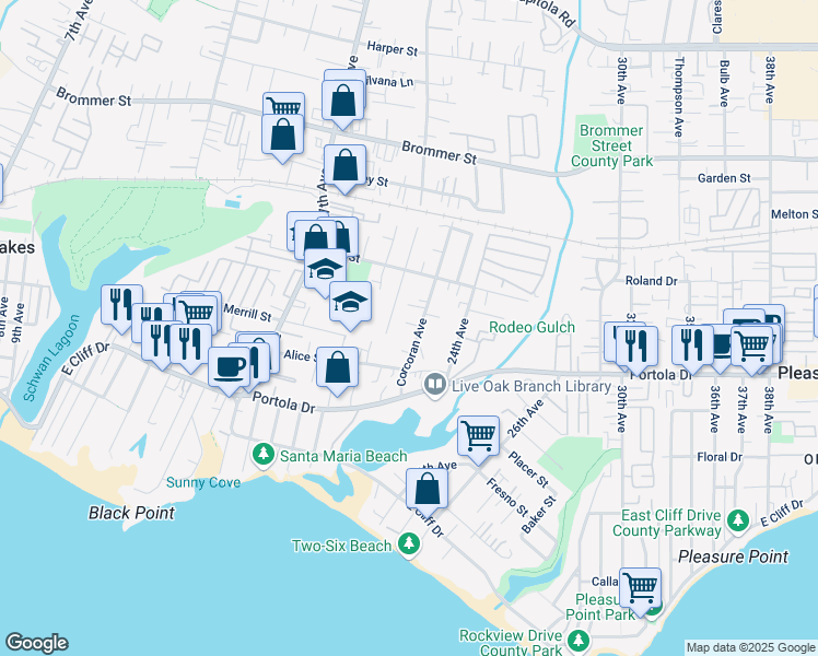 map of restaurants, bars, coffee shops, grocery stores, and more near 711 Corcoran Avenue in Santa Cruz