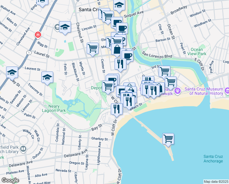 map of restaurants, bars, coffee shops, grocery stores, and more near 77 Front Street in Santa Cruz