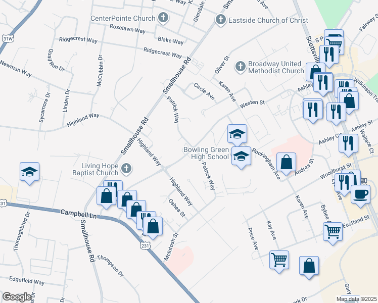 map of restaurants, bars, coffee shops, grocery stores, and more near 1703 Patrick Way in Bowling Green