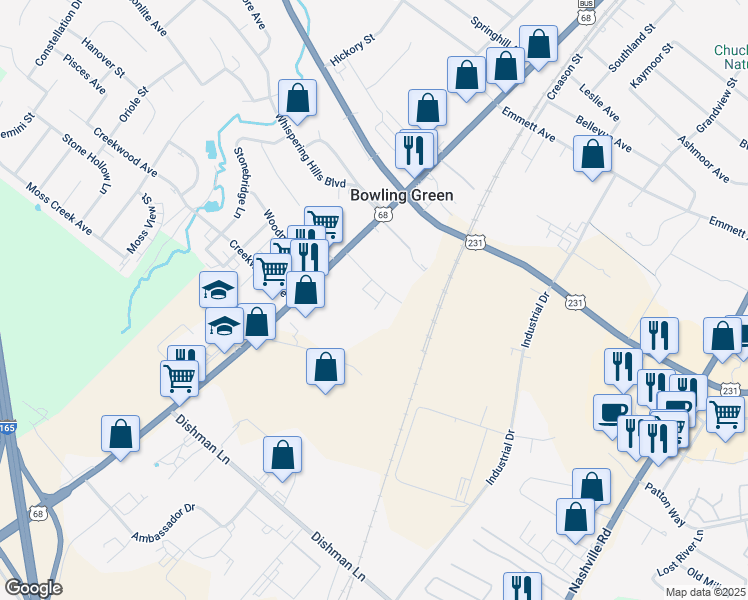 map of restaurants, bars, coffee shops, grocery stores, and more near 184 Enterprise Court in Bowling Green