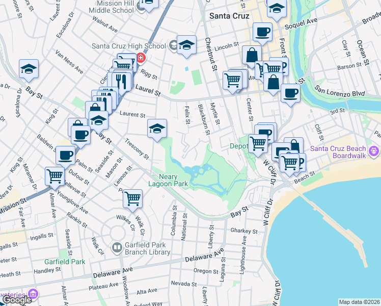 map of restaurants, bars, coffee shops, grocery stores, and more near 116 Shelter Lagoon Drive in Santa Cruz