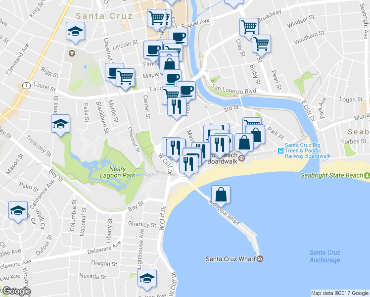 map of restaurants, bars, coffee shops, grocery stores, and more near 206 Villa Mar Vista in Santa Cruz