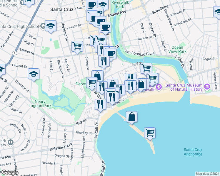 map of restaurants, bars, coffee shops, grocery stores, and more near 206 Villa Mar Vista in Santa Cruz