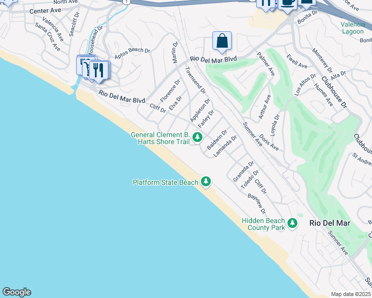map of restaurants, bars, coffee shops, grocery stores, and more near 422 Seaview Drive in Aptos