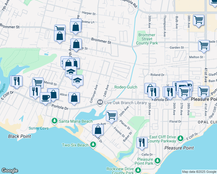map of restaurants, bars, coffee shops, grocery stores, and more near 750 24th Avenue in Santa Cruz