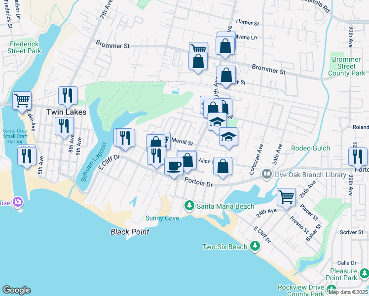 map of restaurants, bars, coffee shops, grocery stores, and more near 1630 Merrill Street in Santa Cruz