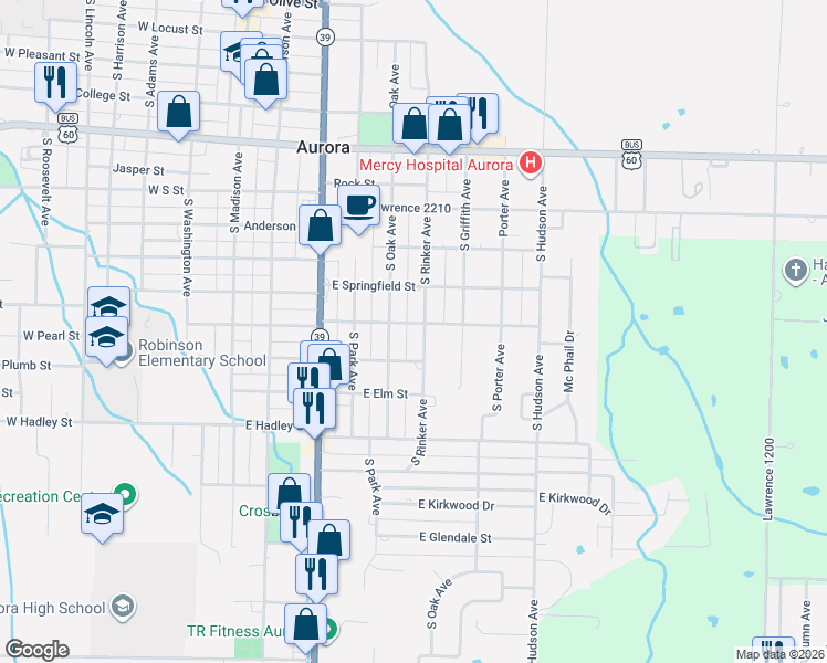 map of restaurants, bars, coffee shops, grocery stores, and more near 1000-1102 South Rinker Avenue in Aurora