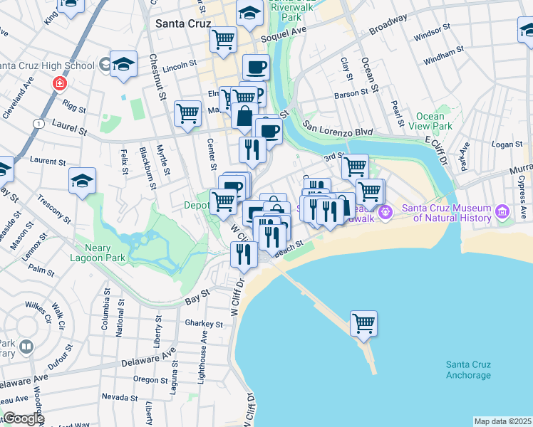 map of restaurants, bars, coffee shops, grocery stores, and more near 212 Villa Mar Vis in Santa Cruz