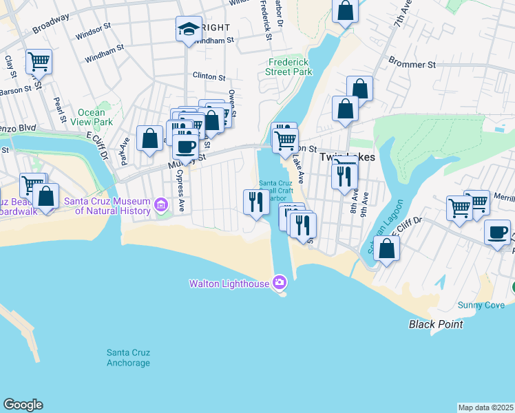 map of restaurants, bars, coffee shops, grocery stores, and more near 789 Mariner Park Way in Santa Cruz