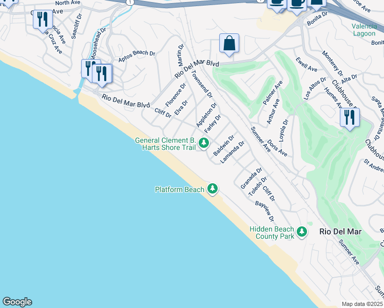 map of restaurants, bars, coffee shops, grocery stores, and more near 422 Seaview Drive in Aptos
