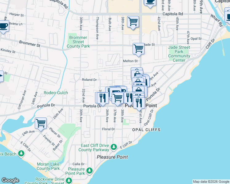 map of restaurants, bars, coffee shops, grocery stores, and more near 175 Avis Lane in Santa Cruz