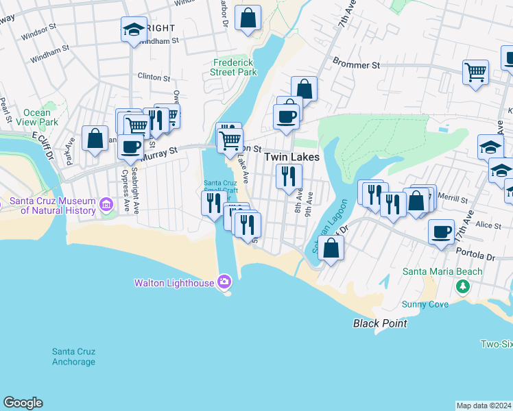 map of restaurants, bars, coffee shops, grocery stores, and more near 200 6th Avenue in Santa Cruz