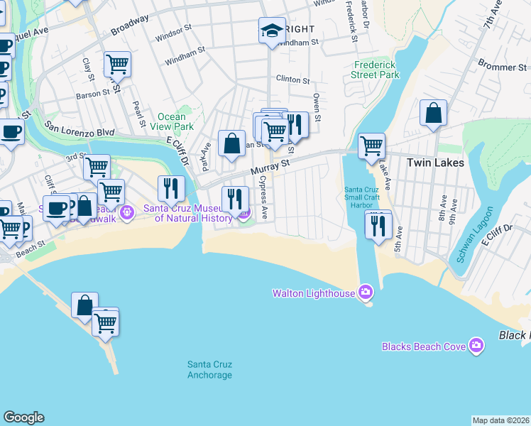 map of restaurants, bars, coffee shops, grocery stores, and more near in Santa Cruz