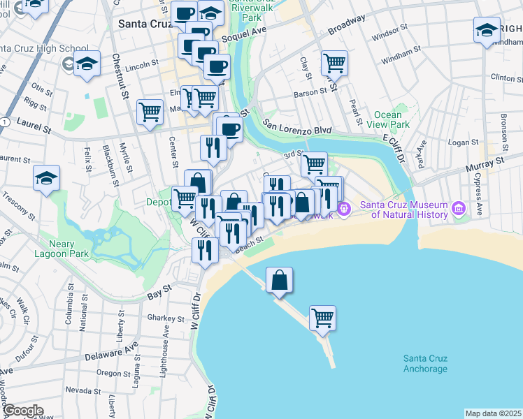map of restaurants, bars, coffee shops, grocery stores, and more near 212 First Street in Santa Cruz