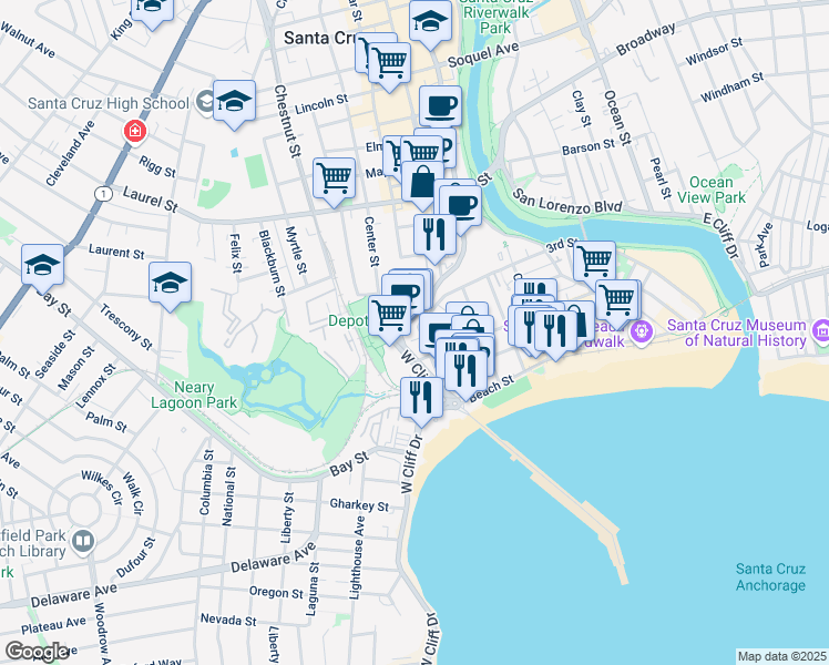 map of restaurants, bars, coffee shops, grocery stores, and more near 81 Front Street in Santa Cruz