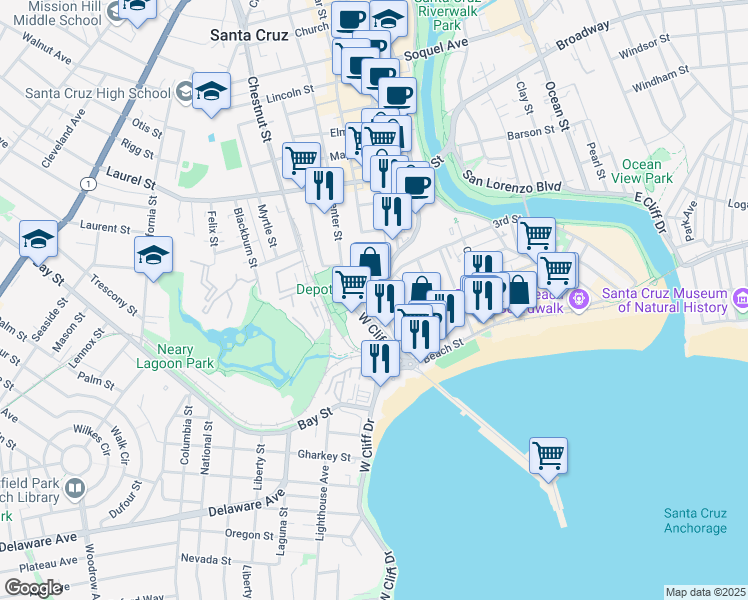 map of restaurants, bars, coffee shops, grocery stores, and more near 81 Front Street in Santa Cruz