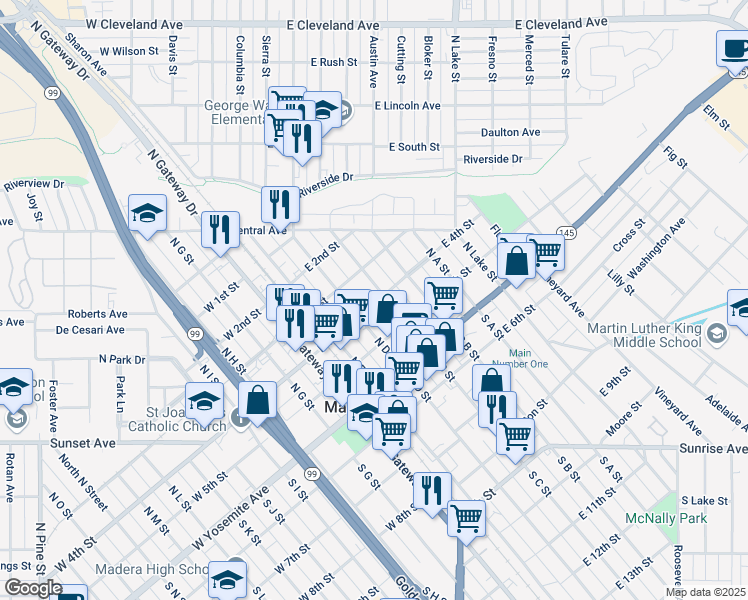 map of restaurants, bars, coffee shops, grocery stores, and more near 300 North C Street in Madera