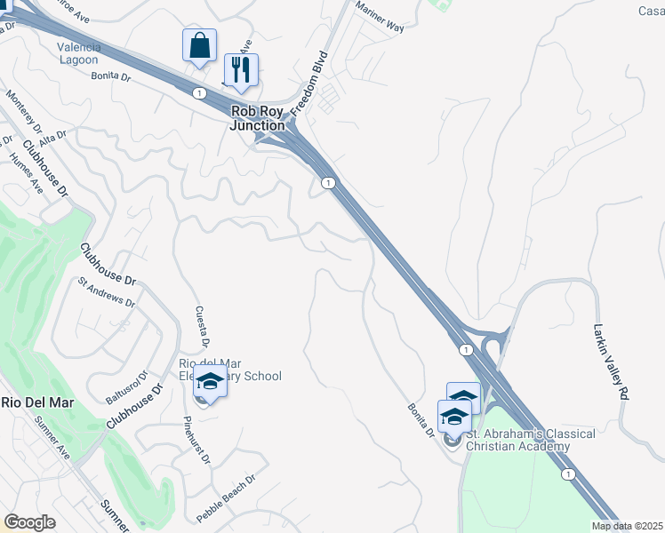 map of restaurants, bars, coffee shops, grocery stores, and more near 114 Zanzibar Drive in Aptos