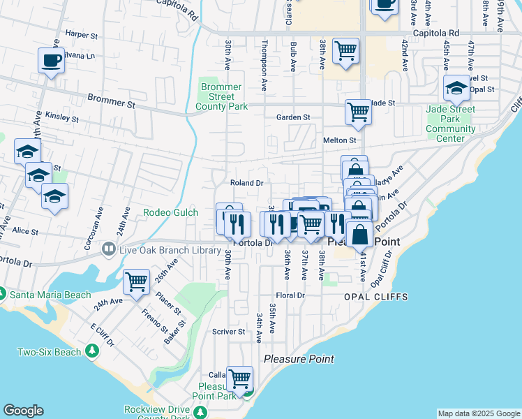 map of restaurants, bars, coffee shops, grocery stores, and more near 909 35th Avenue in Santa Cruz