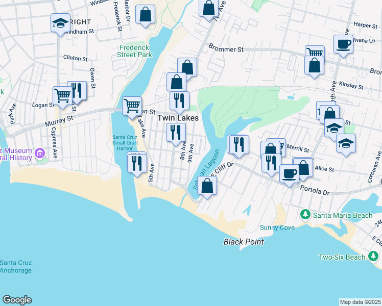 map of restaurants, bars, coffee shops, grocery stores, and more near 311 9th Avenue in Santa Cruz