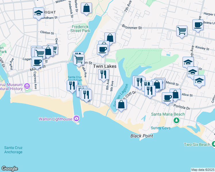 map of restaurants, bars, coffee shops, grocery stores, and more near 718 Carmel Street in Santa Cruz