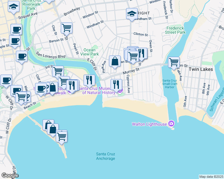 map of restaurants, bars, coffee shops, grocery stores, and more near 125 Alhambra Avenue in Santa Cruz