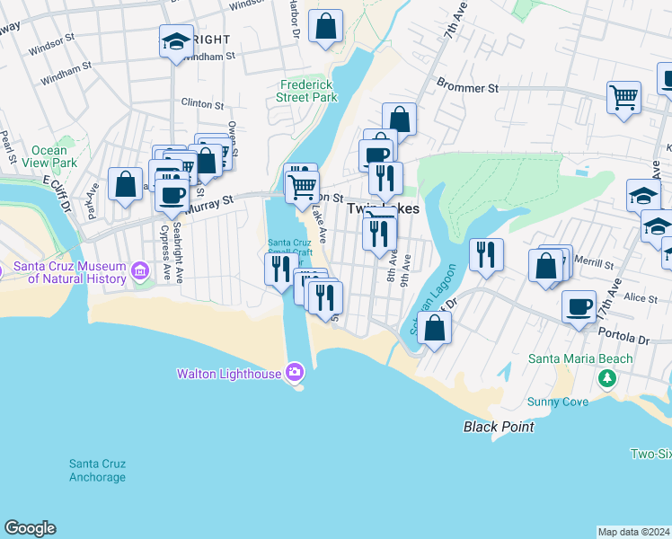 map of restaurants, bars, coffee shops, grocery stores, and more near in Santa Cruz County