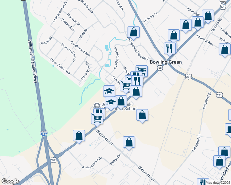 map of restaurants, bars, coffee shops, grocery stores, and more near 2598 Jersey Court in Bowling Green