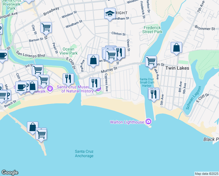 map of restaurants, bars, coffee shops, grocery stores, and more near 1431 East Cliff Drive in Santa Cruz