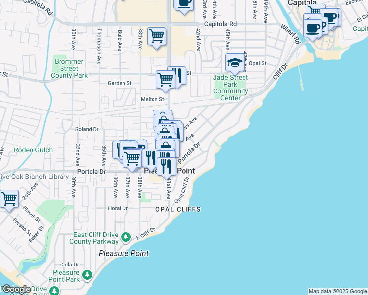 map of restaurants, bars, coffee shops, grocery stores, and more near 4150 Bye Way in Santa Cruz